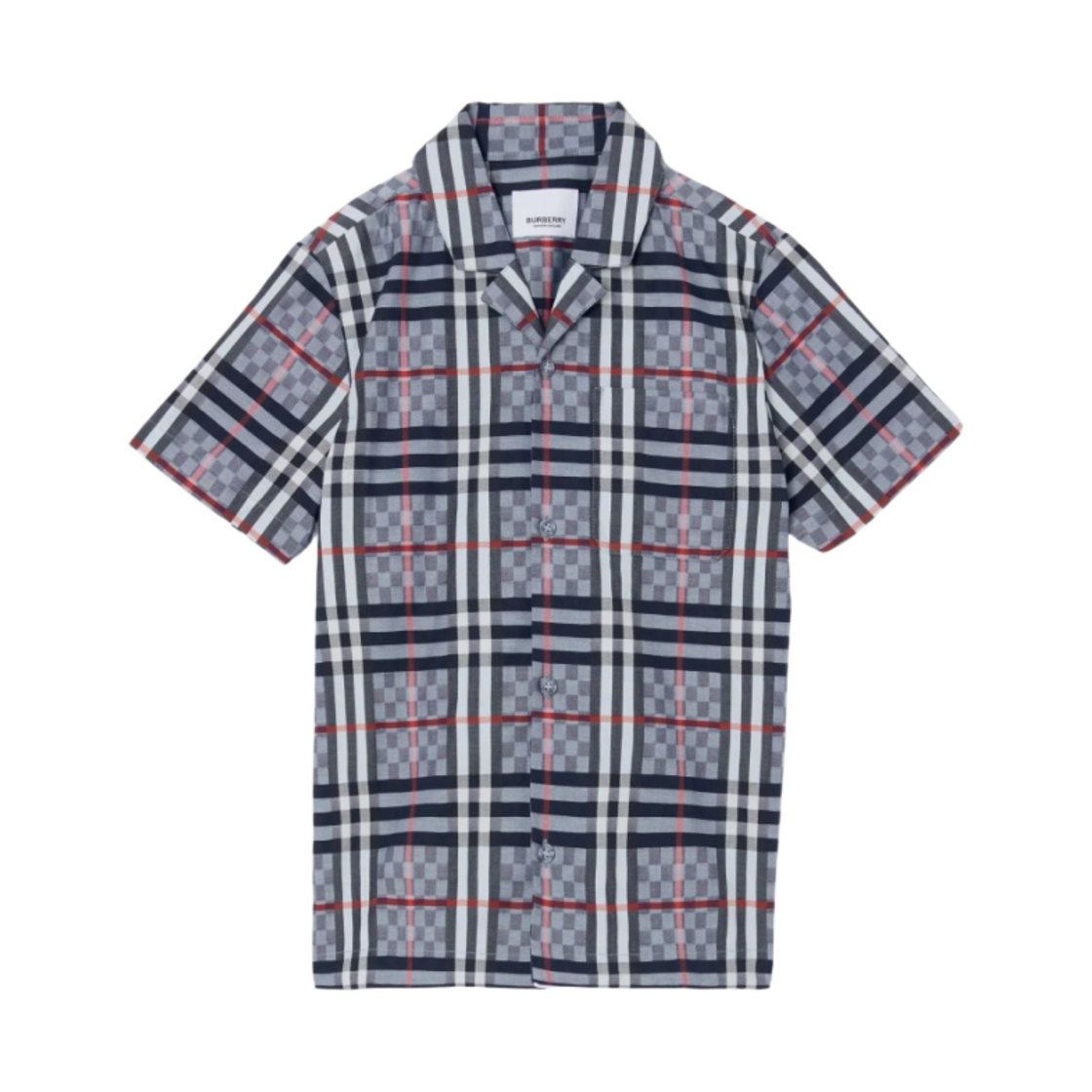 8047430 (Kids) Burberry Short Sleeve Chequerboard Stretch Cotton Shirt Pale Blue