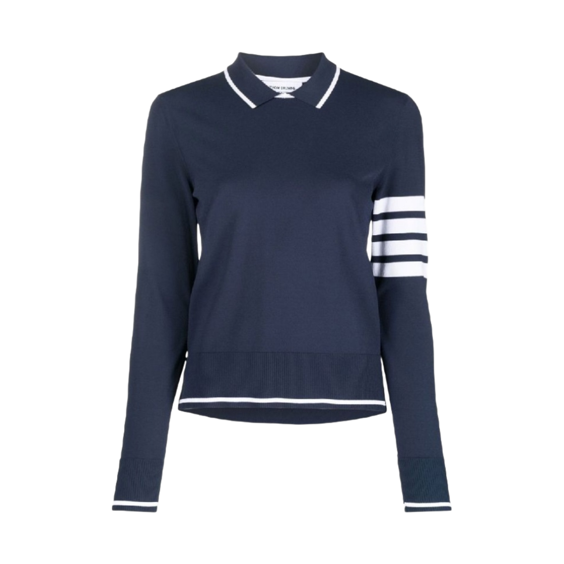 (W) 톰브라운 비스코스 저지 티핑 폴로 칼라 사선 풀오버 네이비((W) Thom Browne Viscose Jersey Tipping Polo Collar 4-Bar Pullover Navy) - 1
