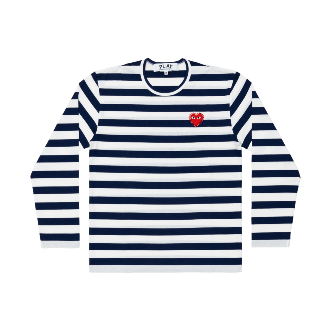 플레이 꼼데가르송 레드 하트 x 라인스톤 보더 롱슬리브 네이비 화이트