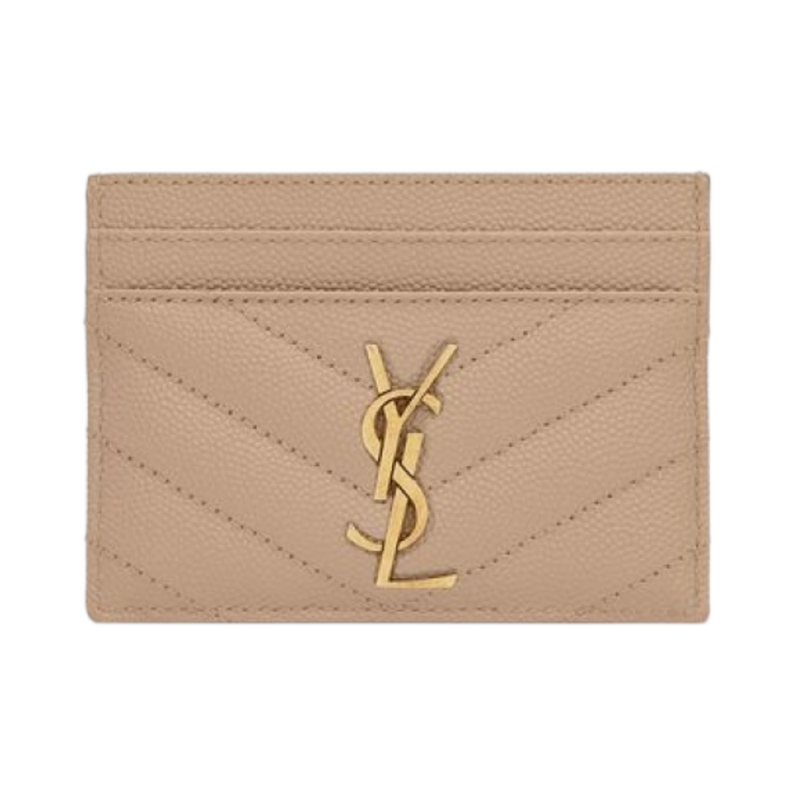 423291-BOW01-2721 Saint Laurent Cassandre Matelasse Card Case in Grain De Poudre Embossed Leather Dark Beige