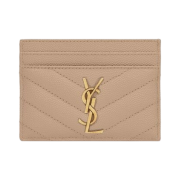 Saint Laurent Cassandre Matelasse Card Case in Grain De Poudre Embossed Leather Dark Beige