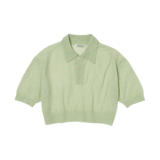 (W) Auralee Kid Mohair Sheer Knit Short Polo Light Green