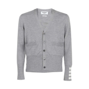 Thom Browne Fine Merino Wool 4-Bar Cuff V-Neck Cardigan Light Grey