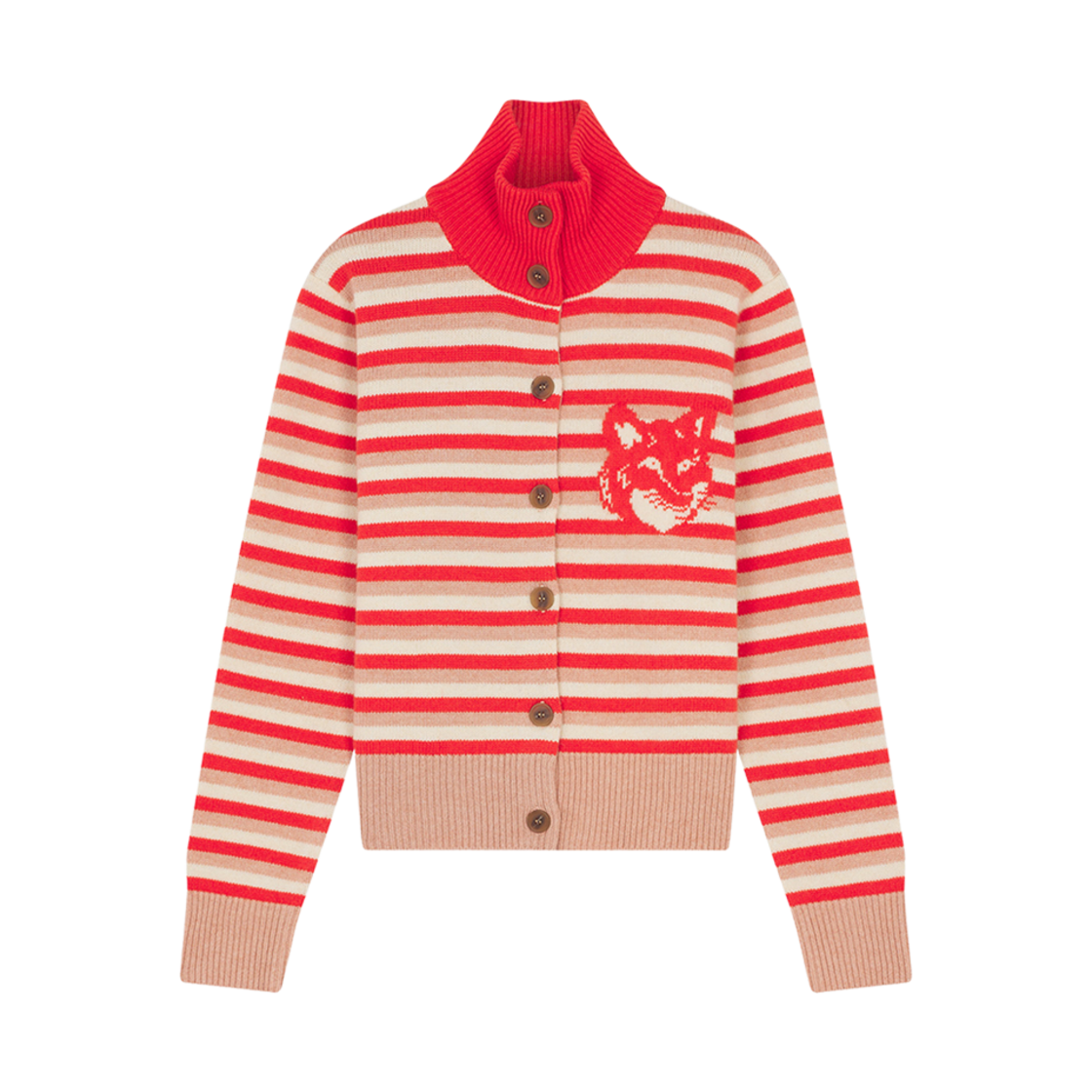 (W) 메종 키츠네 폭스 헤드 인타르시아 스트라이프 하이 넥 가디건 스트로베리 화이트((W) Maison Kitsune Fox Head Intarsia Striped High Neck Cardigan Strawberry White) - 1