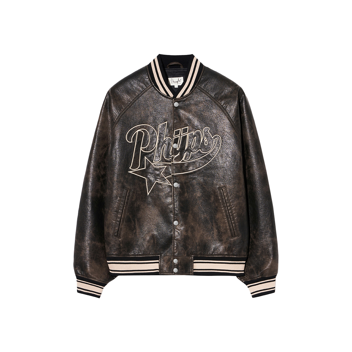 PEW1JK304ADB Phyps Dept Star Tail Artistic Leather Varsity Jacket Dark Brown