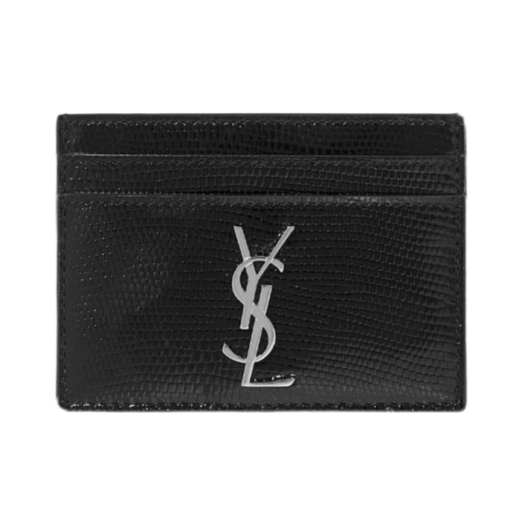 Saint Laurent Monogram Lizard Effect Glossy Leather Wallet Black Silver