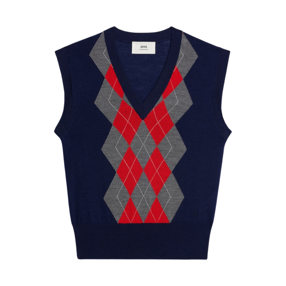 FKS704-KN0005-4002 (W) AMI Sleeveless Argyle Sweater Navy Heather Grey Red