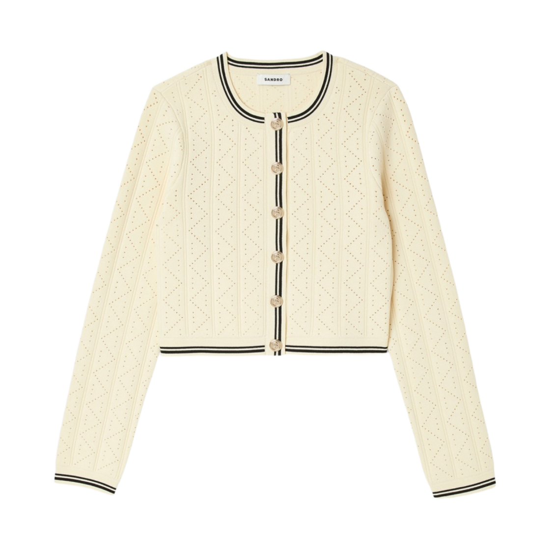 (W) 산드로 크롭 포인텔레 니트 가디건 에크루((W) Sandro Cropped Pointelle Knit Cardigan Ecru)