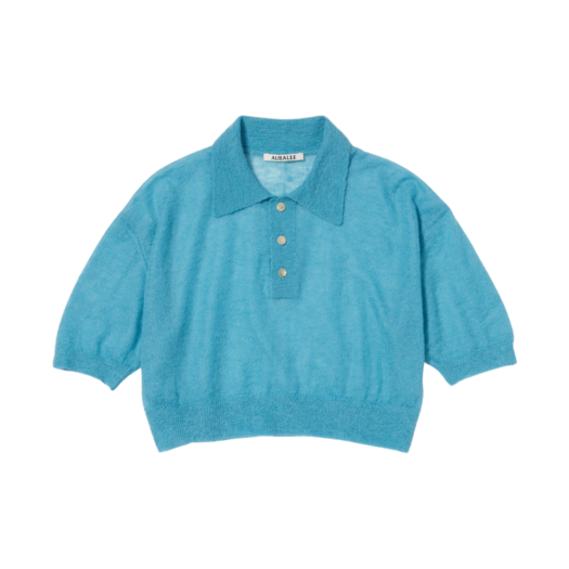 (W) Auralee Kid Mohair Sheer Knit Short Polo Turquoise Blue