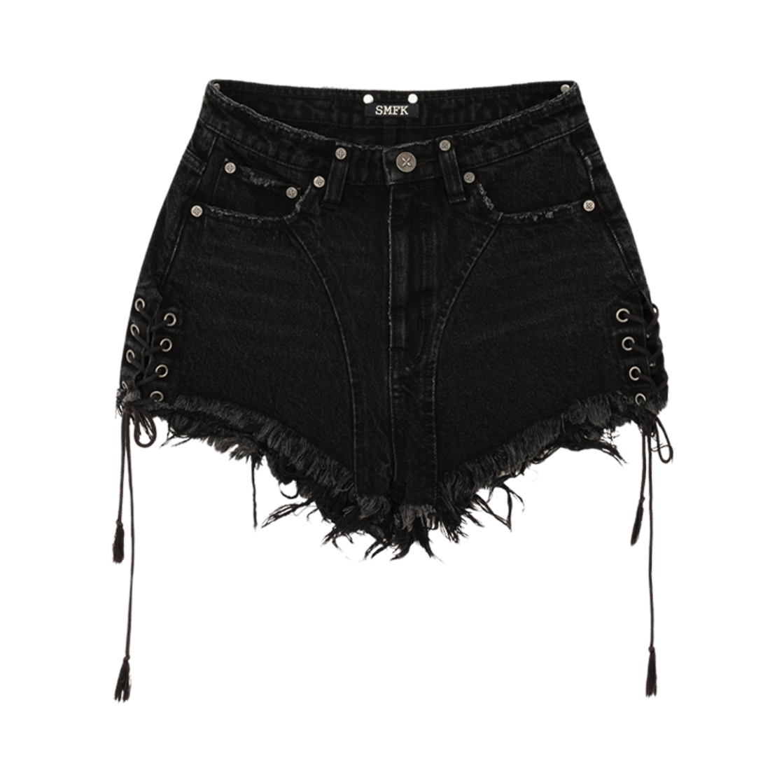 (W) 에스엠에프케이 와일드월드 락 하이 웨이스트 숏 진 블랙((W) SMFK Wildworld Rock High Waist Short Jeans Black)