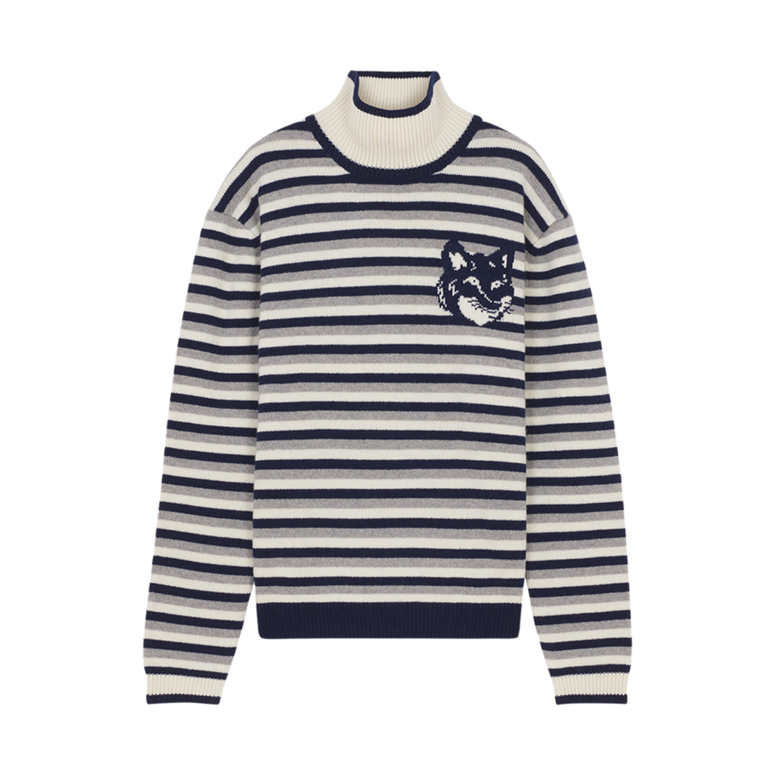 메종 키츠네 폭스 헤드 인타르시아 컴포트 스트라이프 하이 넥 네이비 화이트(Maison Kitsune Fox Head Intarsia Comfort Striped High Neck Navy White) - 1