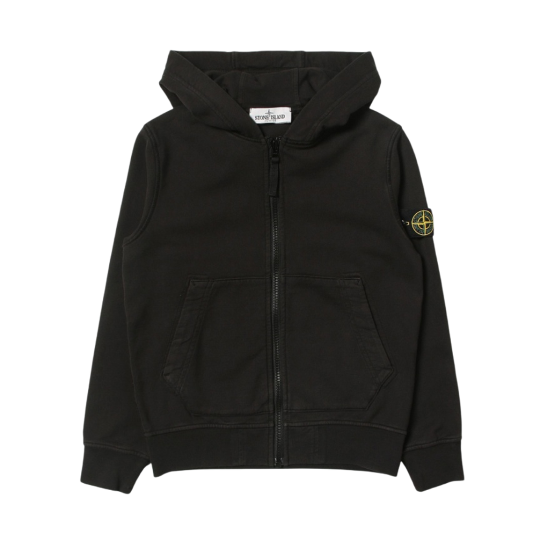 (키즈) 스톤 아일랜드 60740 코튼 플리스 풀 집업 후드 스웨트셔츠 블랙 - 22SS((Kids) Stone Island Cotton Fleece Full Zip Hooded Sweatshirt Black - 22SS)