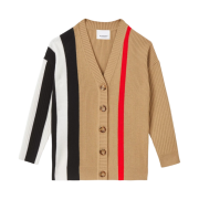 (Kids) Burberry Striped Rib Knit Wool Cardigan Archive Beige