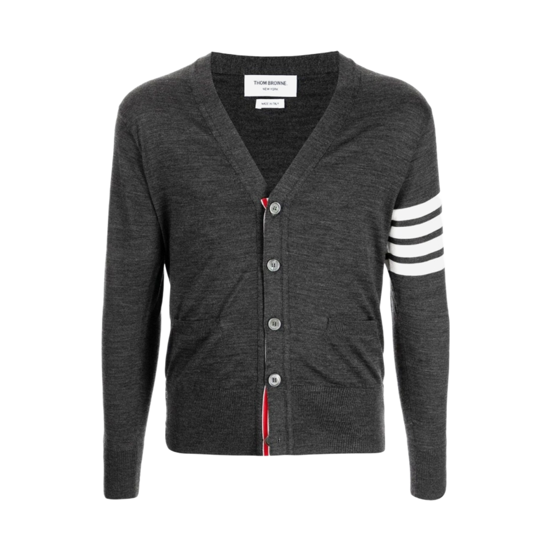 톰브라운 서스테이너블 파인 메리노 울 사선 클래식 가디건 다크 그레이(Thom Browne Sustainable Fine Merino Wool 4-Bar Classic Cardigan Dark Grey)