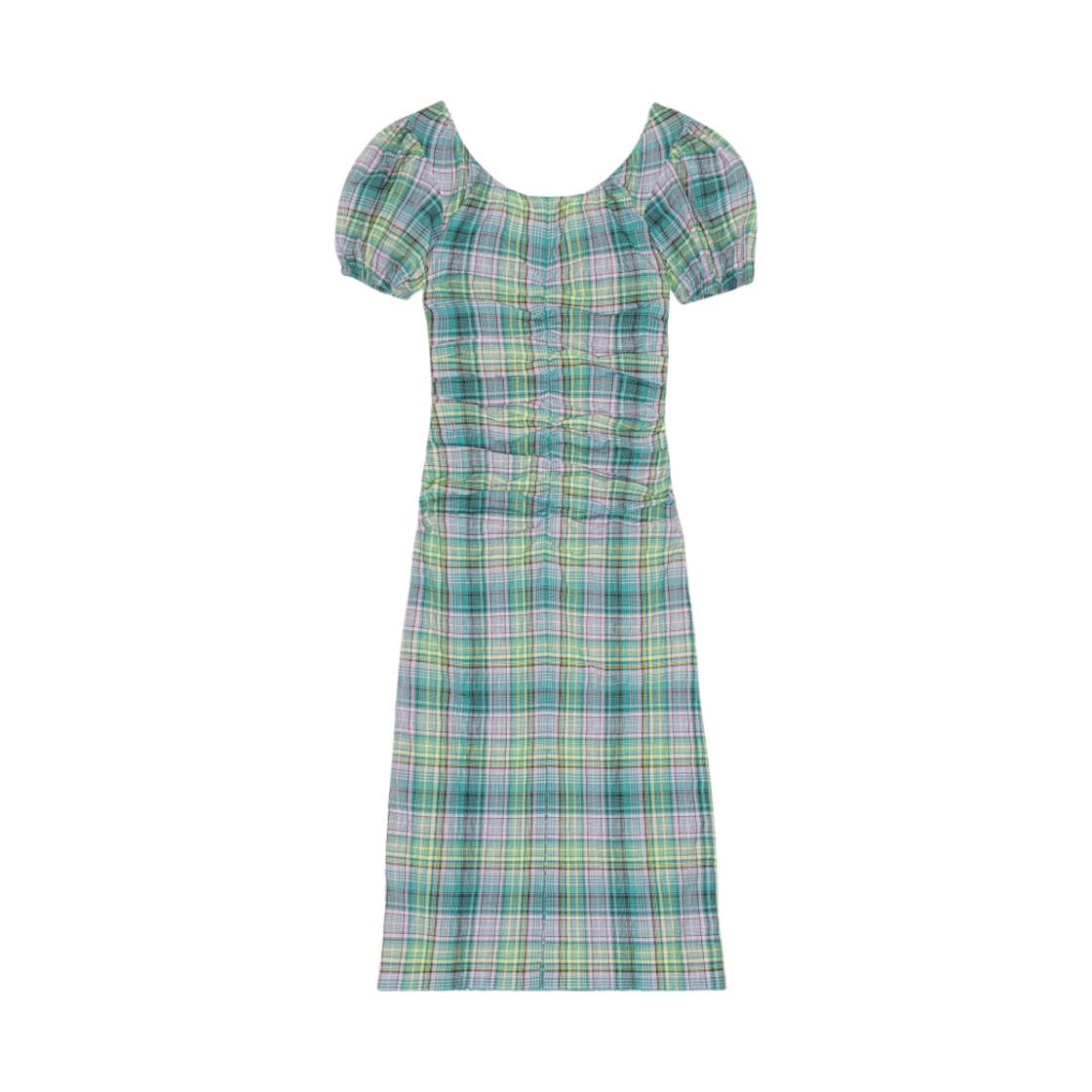 (W) 가니 시어서커 체크 개더 U넥 미디 드레스 라군((W) Ganni Seersucker Check Gathered U Neck Midi Dress Lagoon) - 2