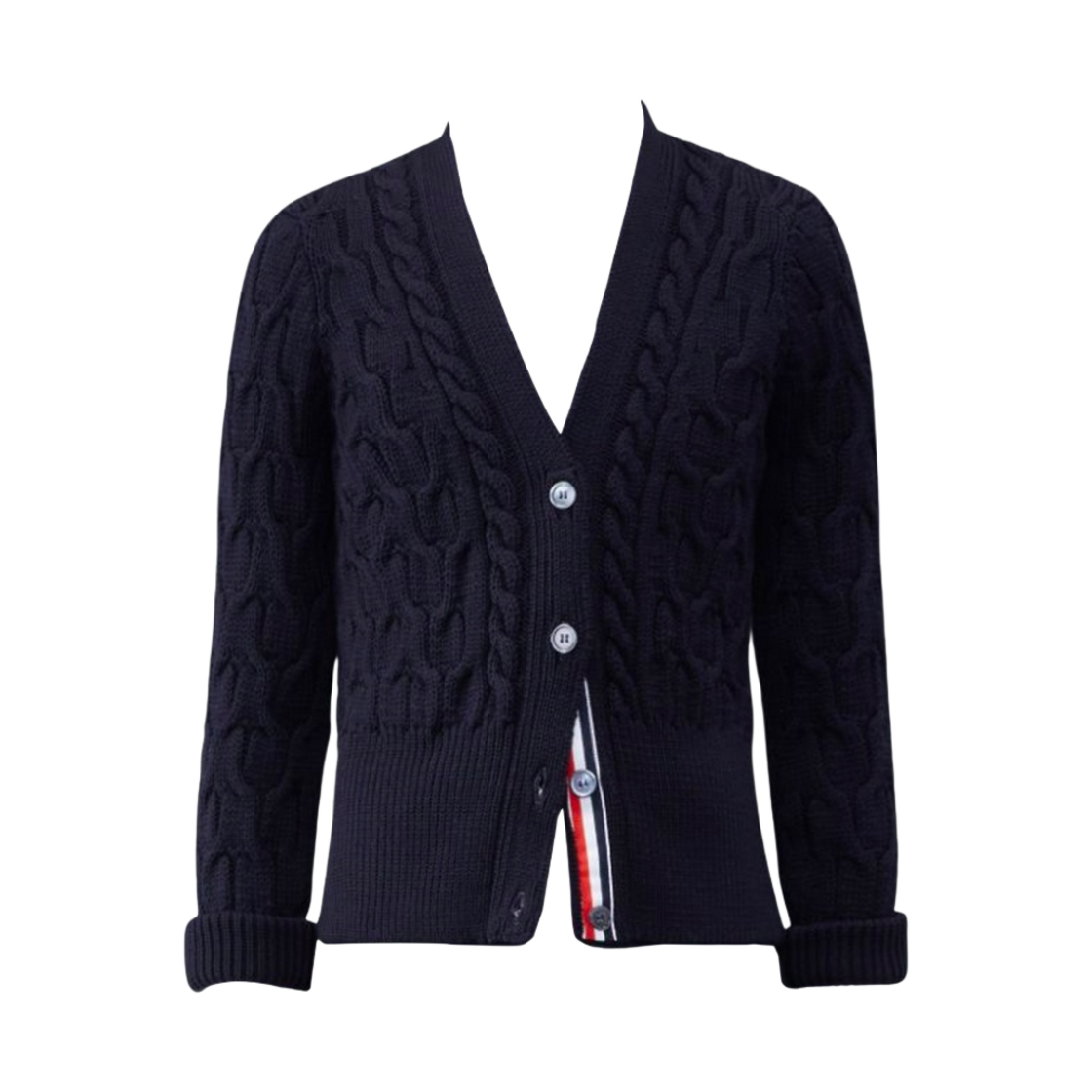 FKC527A-Y1024-415 (W) Thom Browne Merino Crisscross Cable Roll 3/4 Sleeve V-Neck Cardigan Navy - 대표 이미지 #1