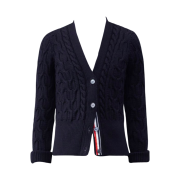 (W) Thom Browne Merino Crisscross Cable Roll 3/4 Sleeve V-Neck Cardigan Navy