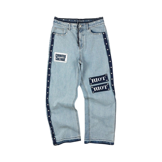 23-B025 Light Blue Resurrection13 Revet & Patchwork Denim Pants Light Blue