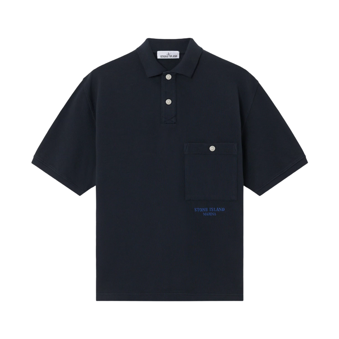 스톤 아일랜드 2200004 오가닉 코튼 매크로 피케 마리나 오버사이즈 핏 숏슬리브 폴로 셔츠 체스트 포켓 네이비 블루 - 25SS(Stone Island 2200004 Organic Cotton Macro Pique Marina Oversized Fit Short-Sleeve Polo Shirt with Chest Pocket Navy Blue - 25SS) - 1