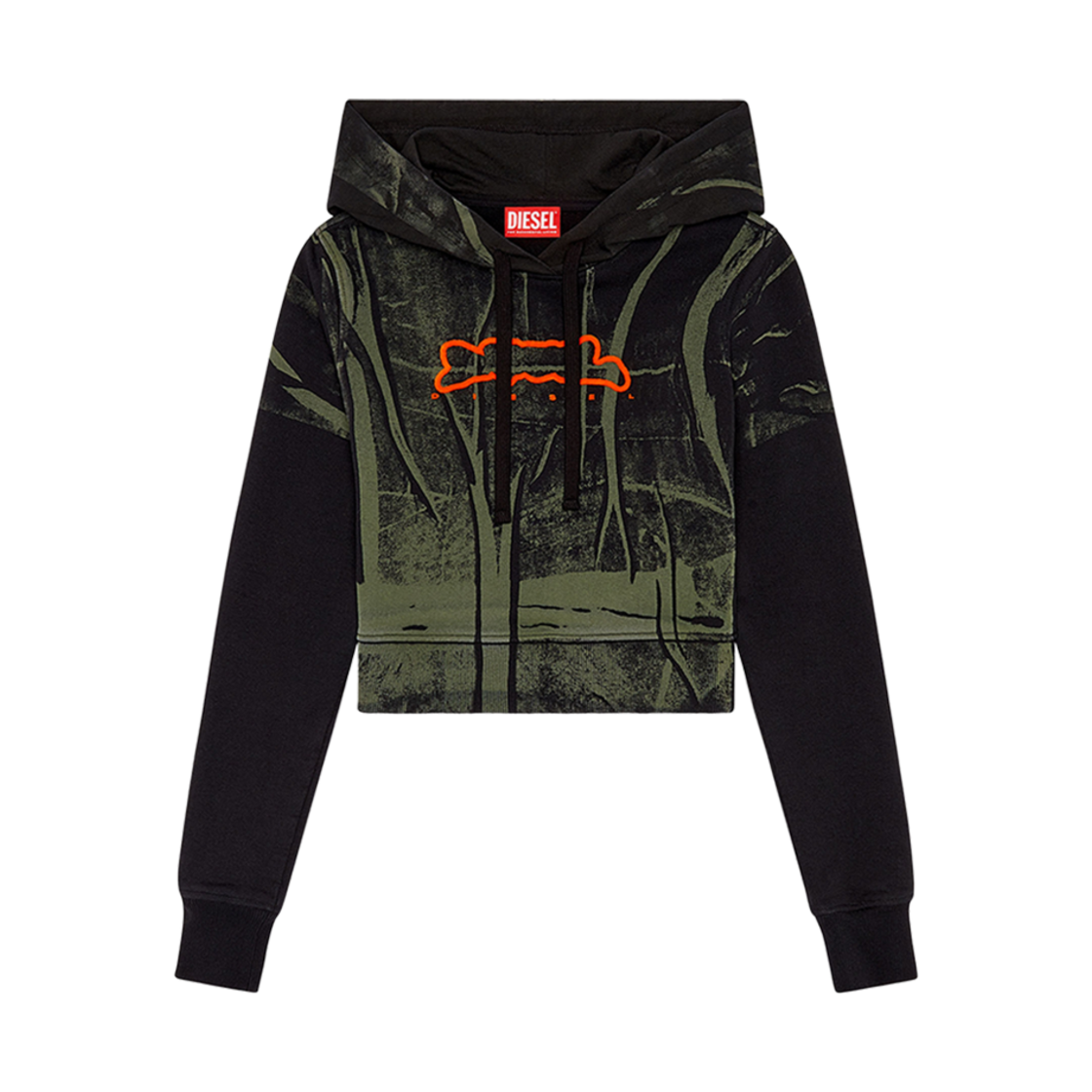 (W) 디젤 F-슬리미-후드 티셔츠 크리스 이펙트 그린 블랙((W) Diesel F-Slimmy-Hood T-Shirt With Crease-Effect Print Green Black) - 1