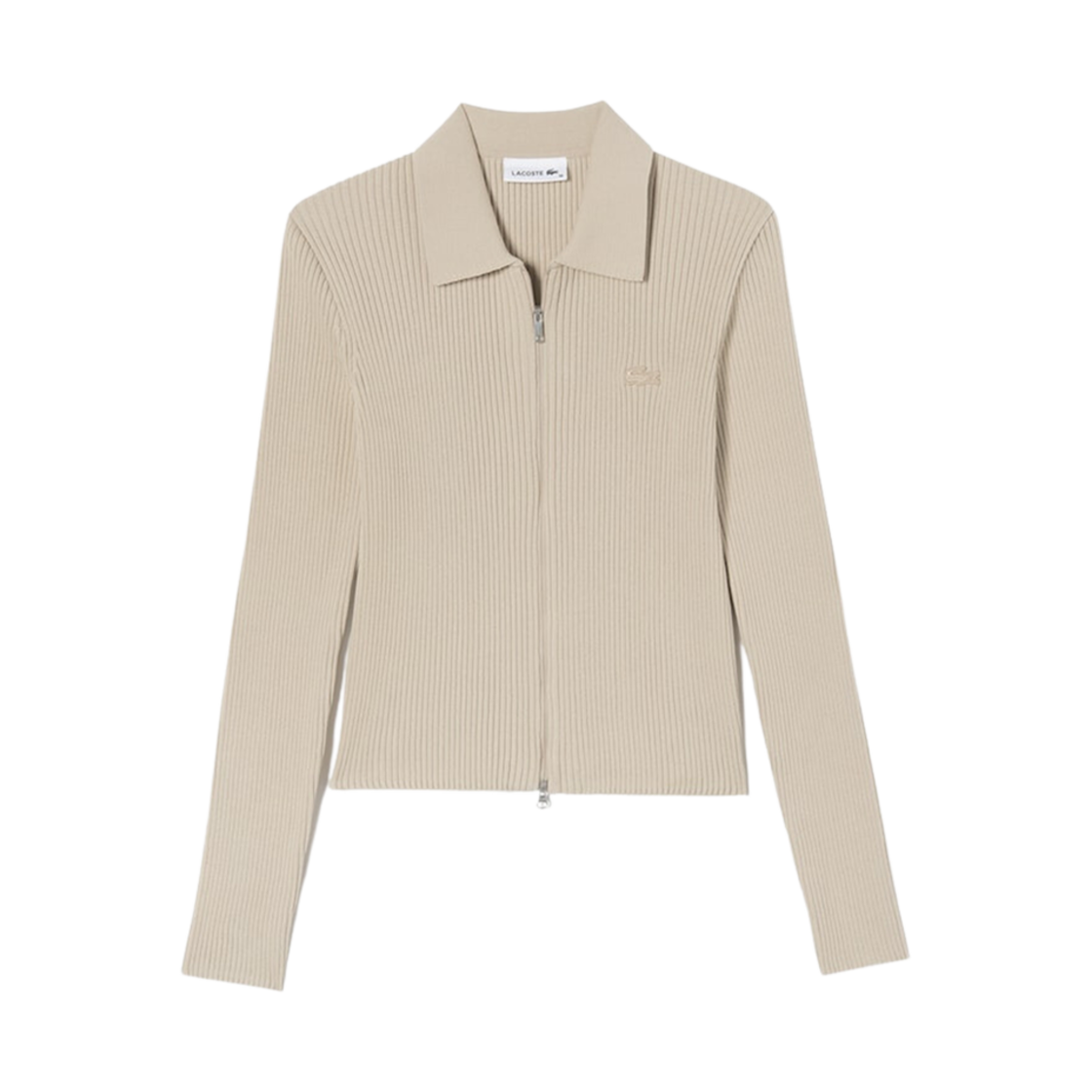 (W) 라코스테 립드 폴로 집업 가디건 베이지((W) Lacoste Ribbed Polo Zip-Up Cardigan Beige)
