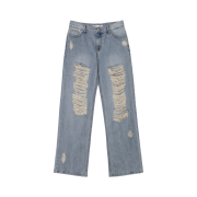 (W) Bohemian Seoul Damage Wide Denim Pants Light Blue