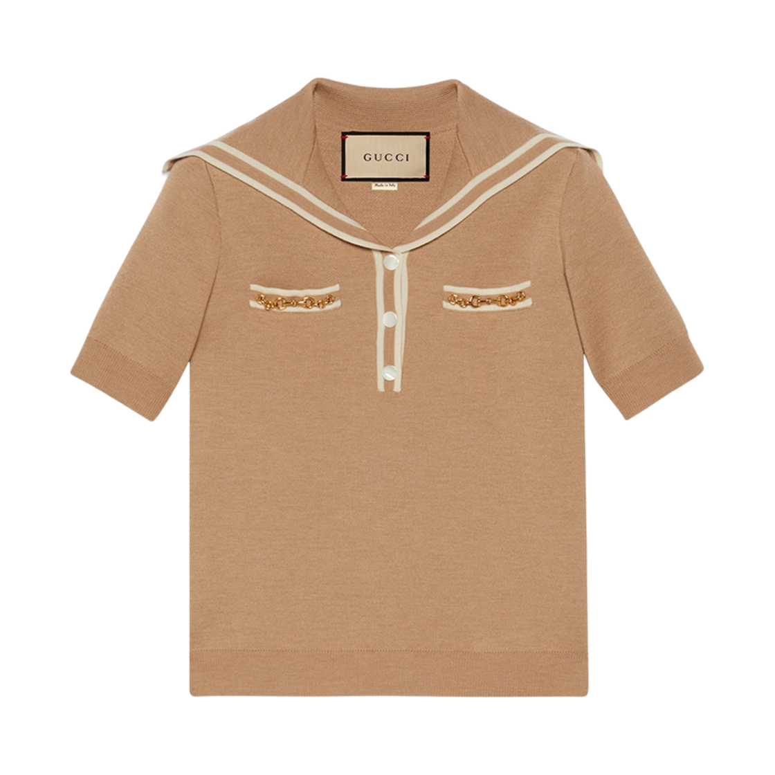 649844-XKBNZ-2445 (W) Gucci Wool Polo Shirt with Horsebit Camel