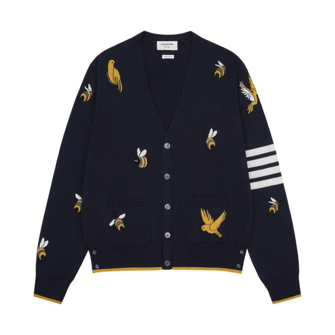 톰브라운 코튼 메리노 버드 & 비 사선 브이넥 가디건 네이비(Thom Browne Cotton Merino Birds & Bees 4-Bar V-Neck Cardigan Navy)