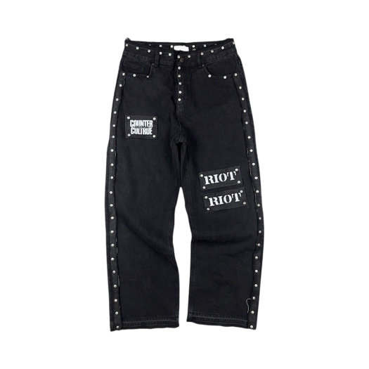 23-B025 Black Resurrection13 Revet & Patchwork Denim Pants Black