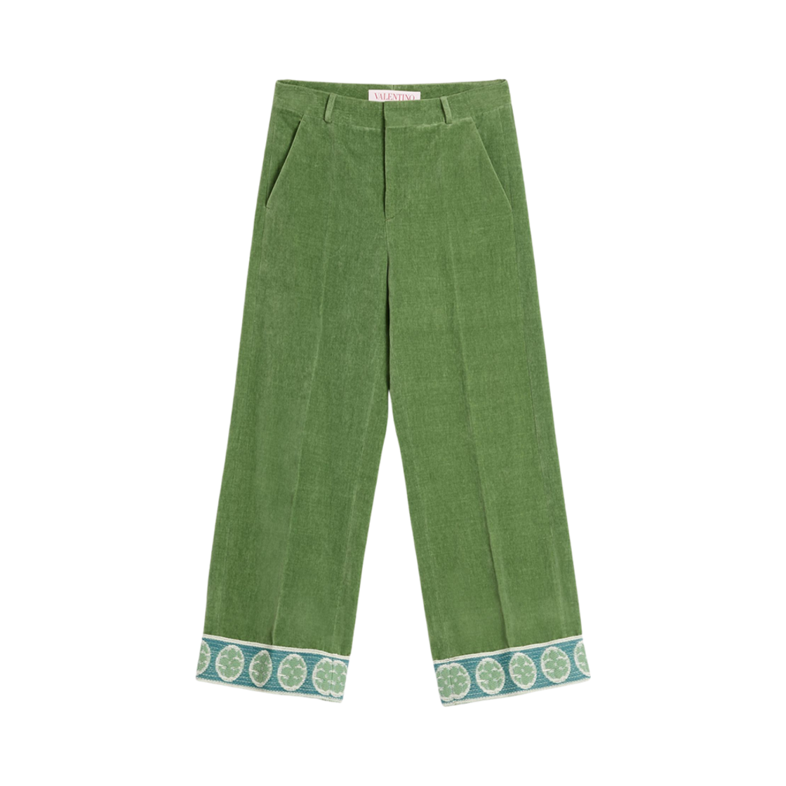 RBJ74AM2LR1 Valentino Washed Cotton Linen Velvet Pants with Jacquard Hem Laurel