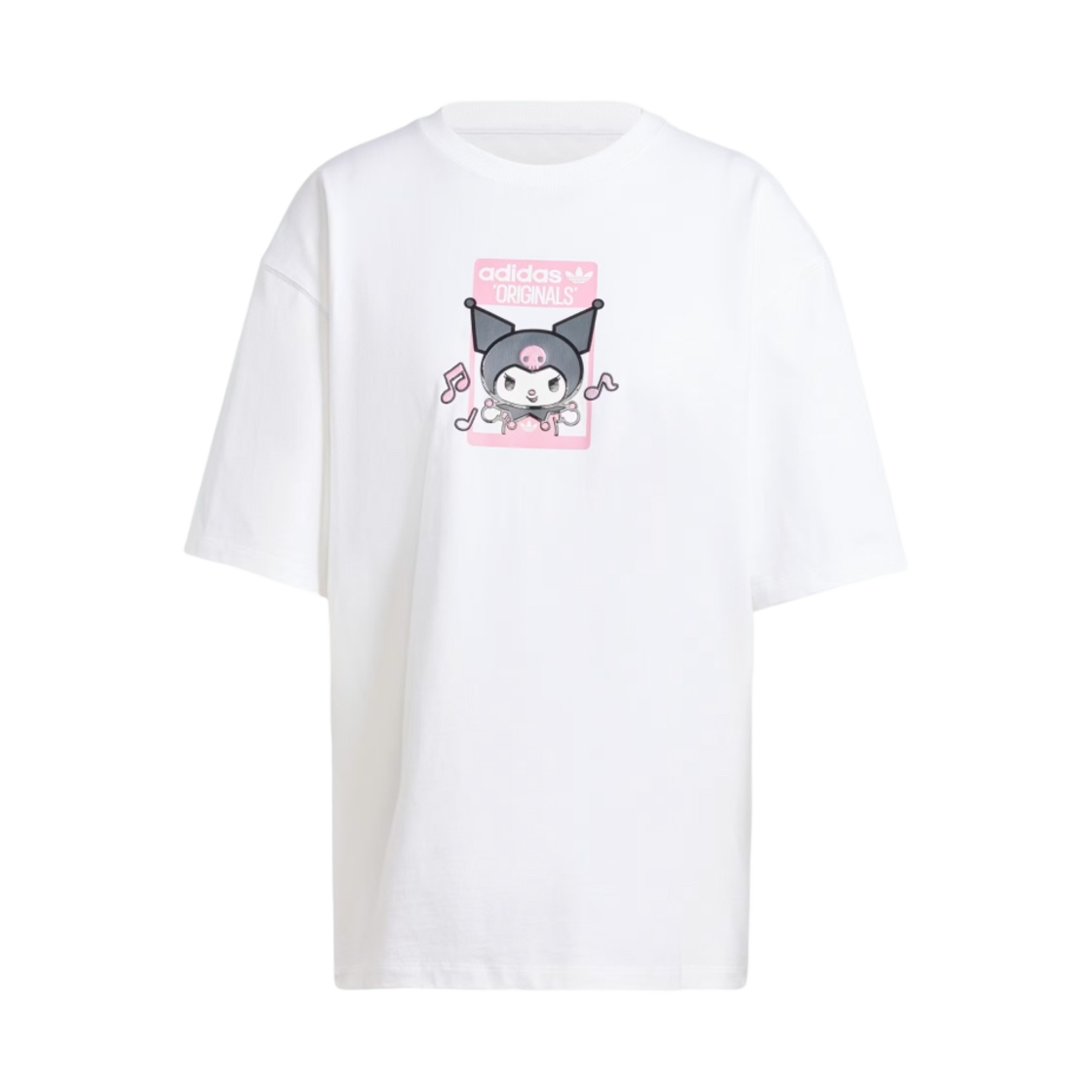 (W) 아디다스 x 헬로 키티 쿠로미 그래픽 오버사이즈 티셔츠 화이트 - KR 사이즈((W) Adidas x Hello Kitty Kuromi Graphic Oversized T-Shirt White - KR Sizing)