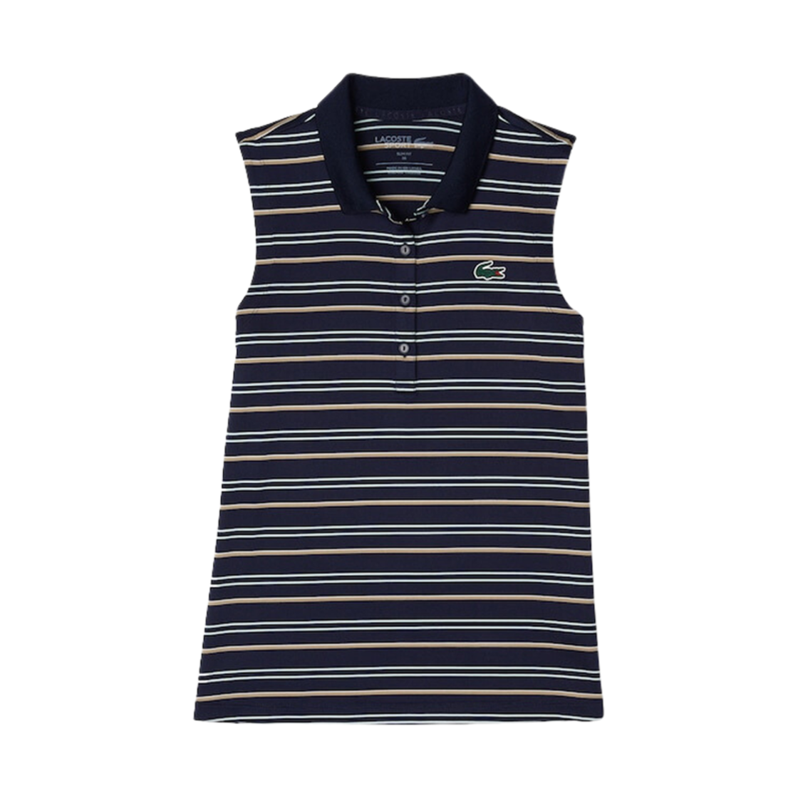 (W) 라코스테 스트라이프 슬리브리스 폴로 네이비 블루 라이트 그린 화이트 베이지((W) Lacoste Stripe Sleeveless Polo Navy Blue Light Green White Beige) - 1