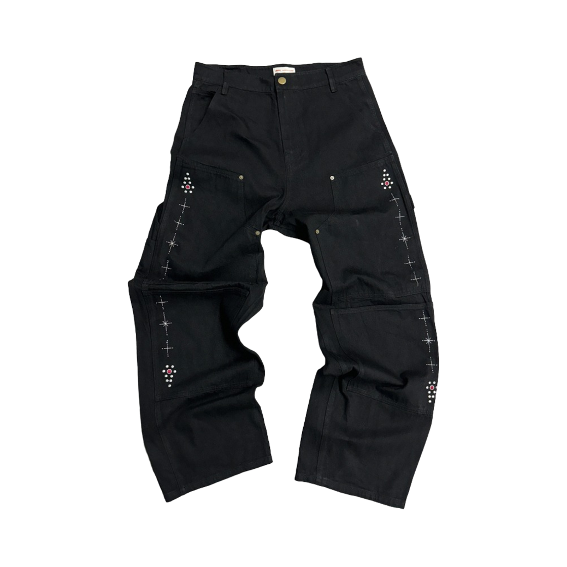 아오이로 페이크 스터드 커트 더블 니 팬츠 데님 블랙(Aoiro Fake Stud Cutted Double Knee Pants Denim Black)