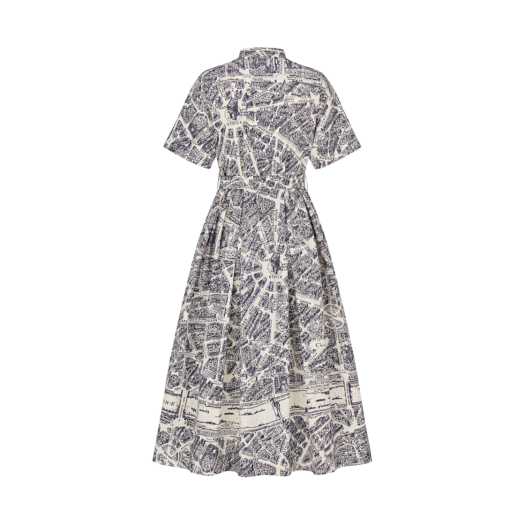 (W) Dior Mid-Length Belted Shirt Dress White Navy Blue Silk Poplin Plan Paris Motif