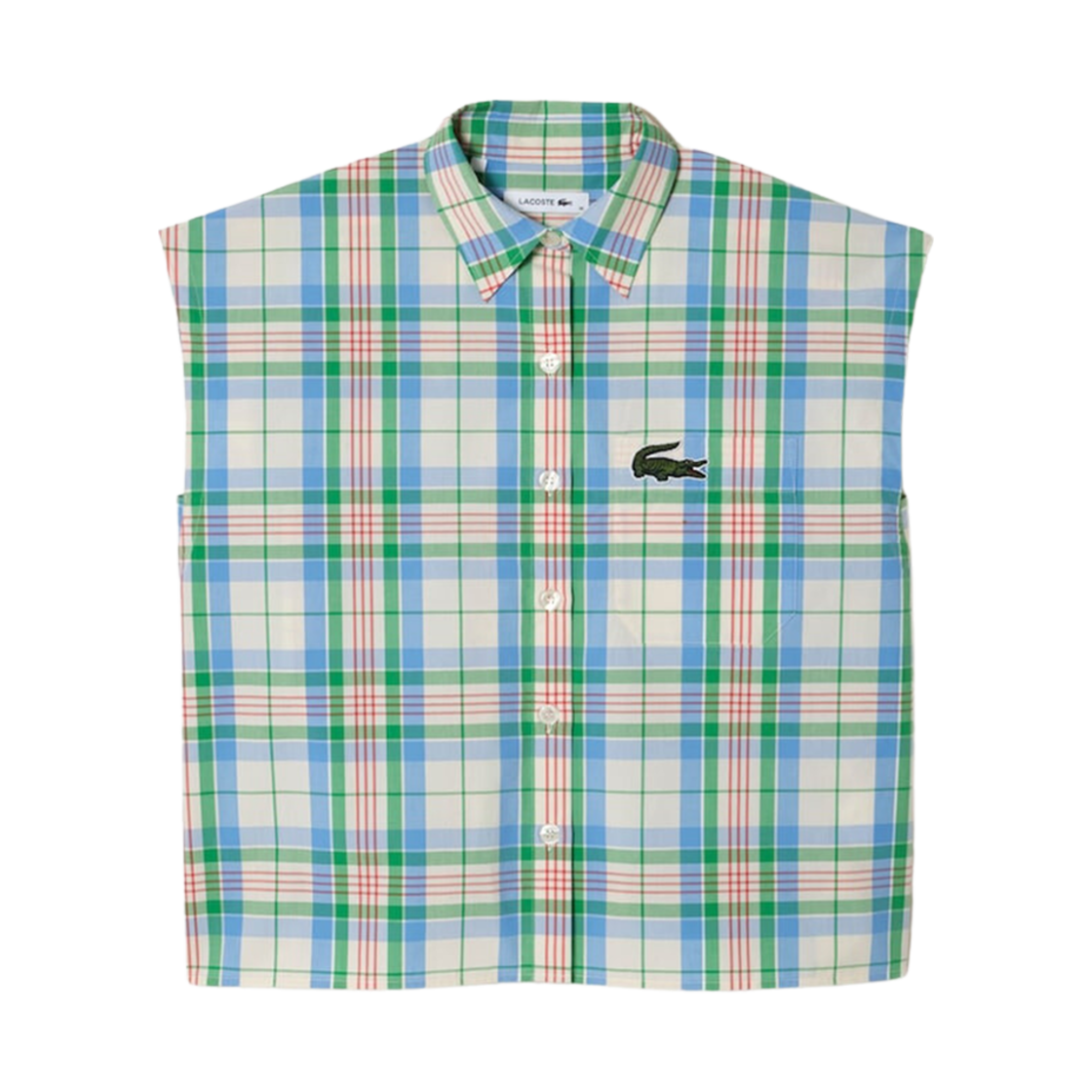(W) 라코스테 체크 패턴 숏 소매 셔츠 화이트 그린 블루 오렌지 화이트((W) Lacoste Check Pattern Short Sleeve Shirt White Green Blue Orange White) - 1