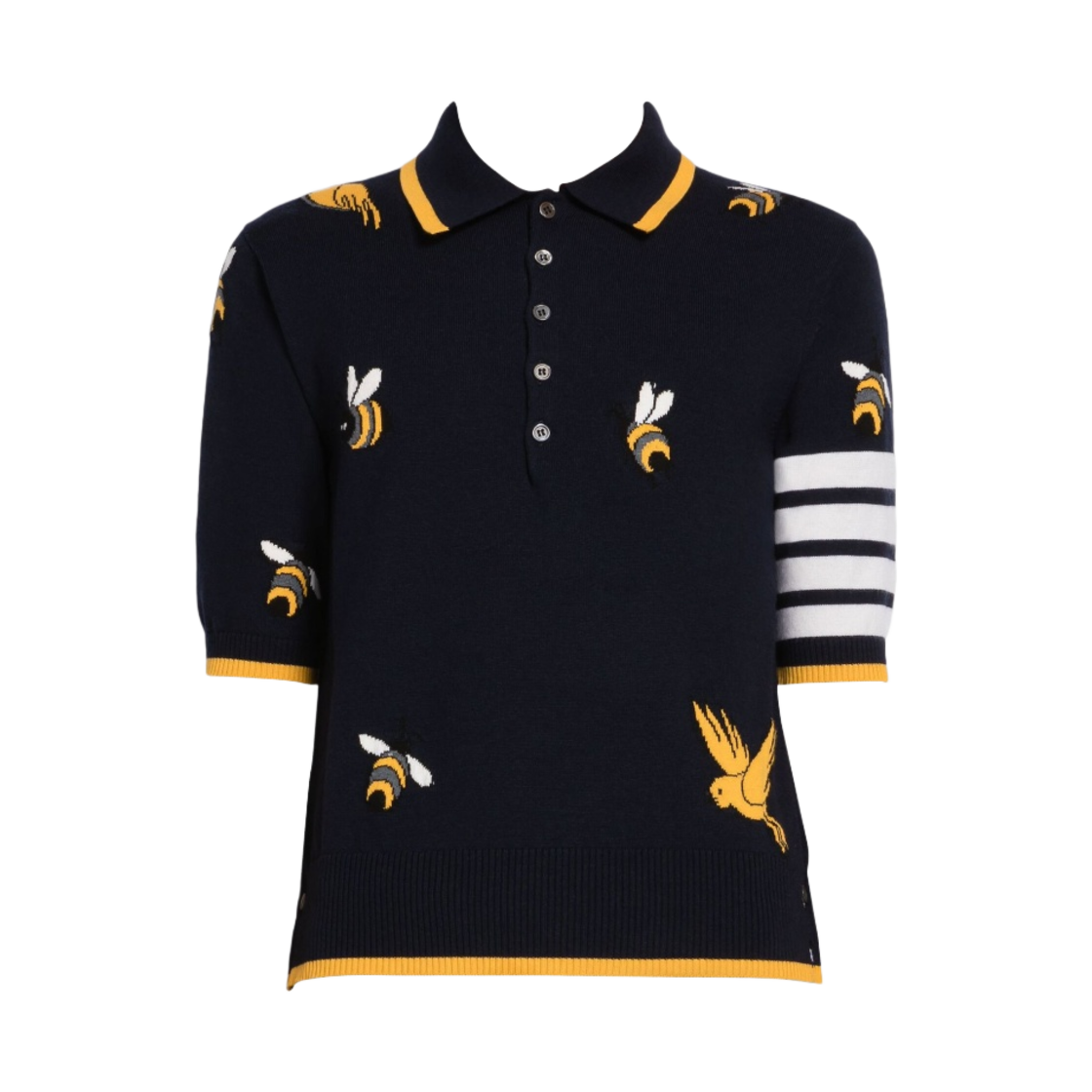 MKP083A-Y1002-415 Thom Browne Cotton Merino Birds & Bees 4-Bar Short Sleeve Polo Navy