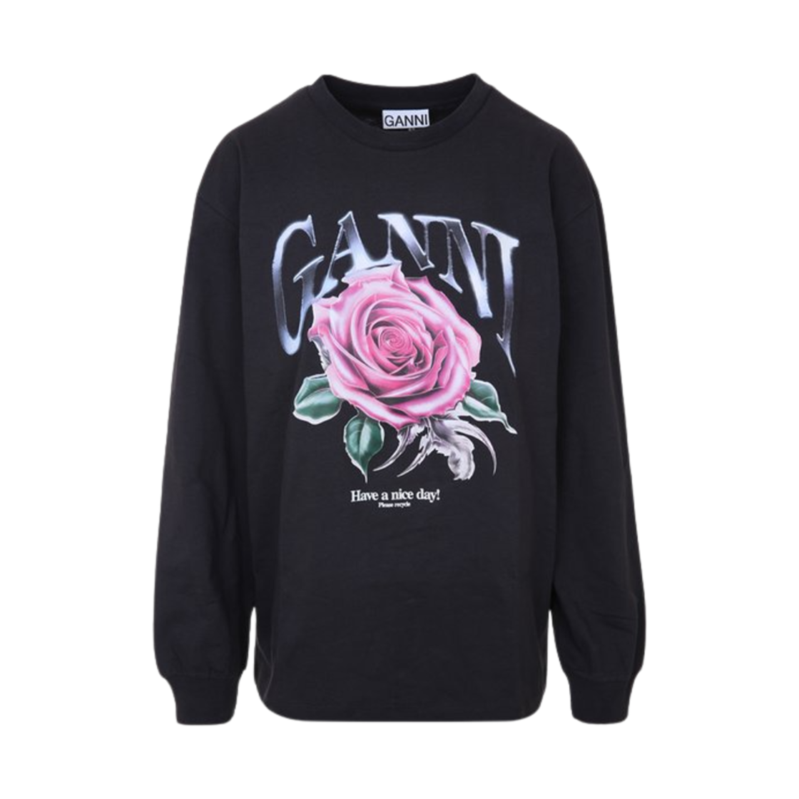 T4025-252 (W) Ganni Rose Print Long Sleeve T-Shirt Phantom