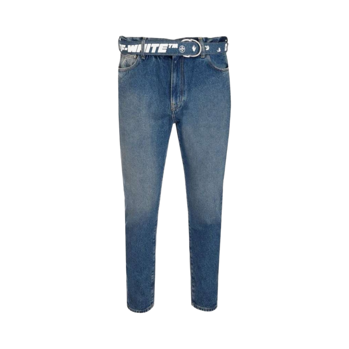 오프화이트 로고 프린트 벨트 크롭 슬림 진 블루(Off-White Logo Print Belt Cropped Slim Jeans Blue)