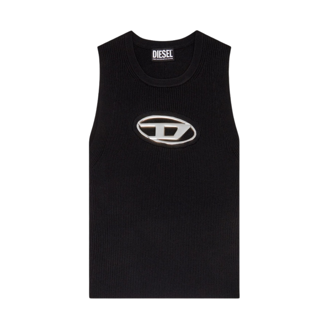 (W) 디젤 M-오네르바-탑 로고 플라크 컷아웃 니트 탑 실버 블랙((W) Diesel M-Onerva-Top Cut-Out Knit Top with Logo Plaque Silver Black)