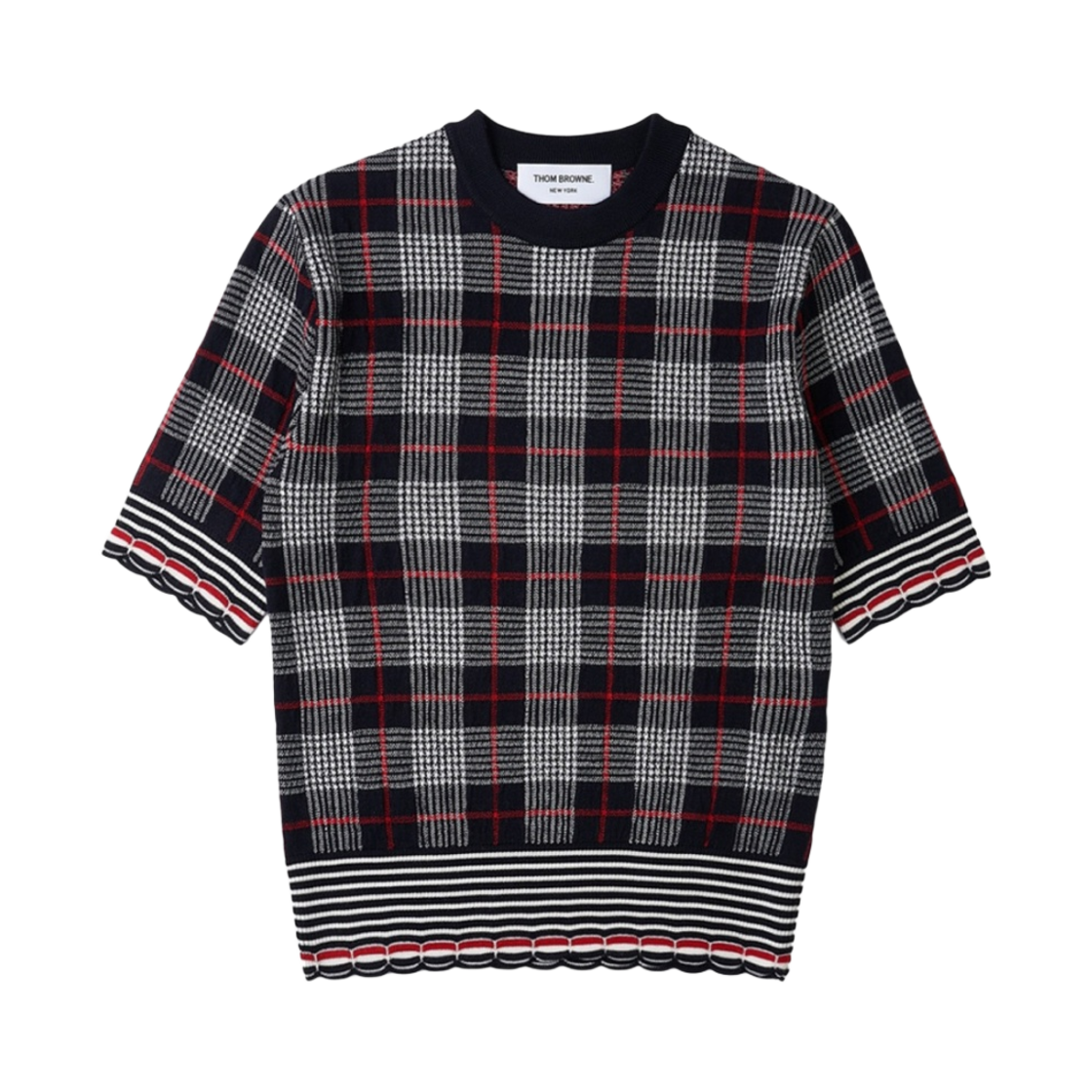 FKA411A-Y1014-415 (W) Thom Browne Hairline Check Merino Scallop T-Shirt Navy