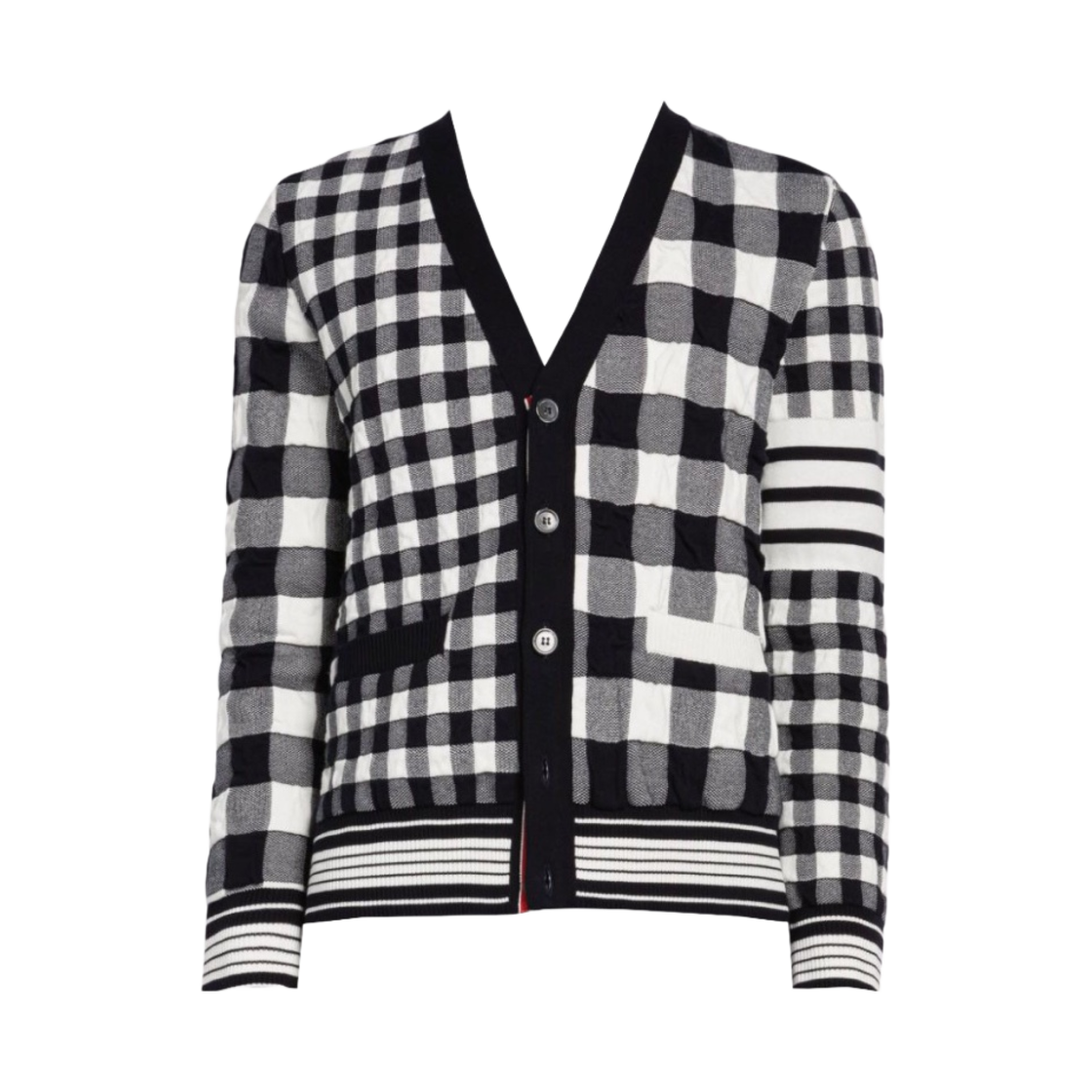 MKC473F-Y3007-415 Thom Browne Fun-Mix Gingham Jacquard 4-Bar V-Neck Cardigan Navy White