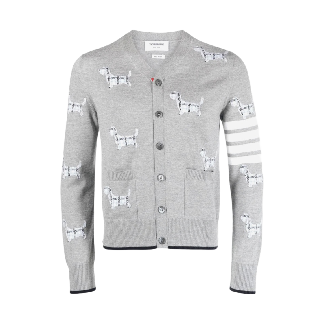 MKC511A-Y1002-055 Thom Browne Wool 4-Bar V-Neck Hector Cardigan Light Grey