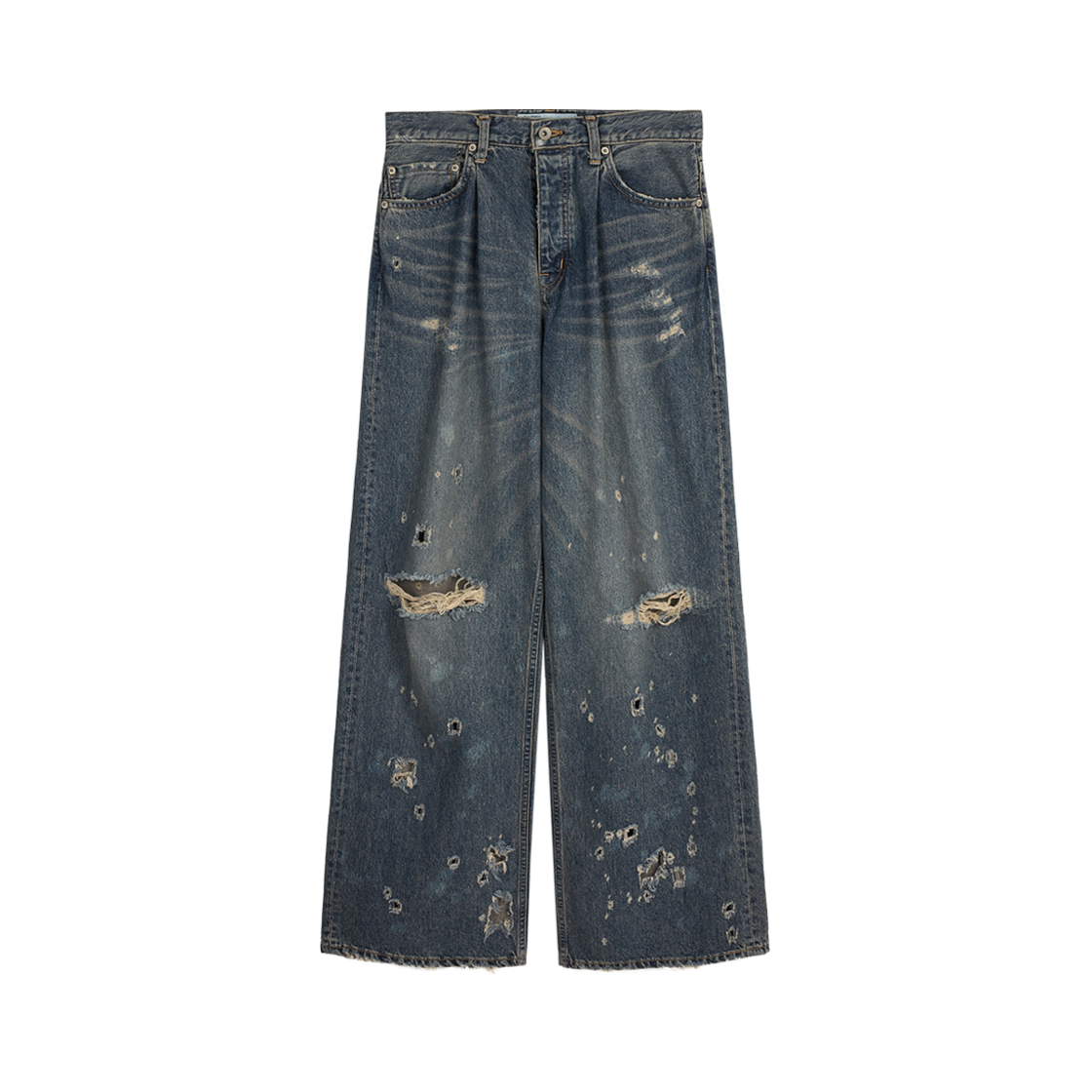 다이리쿠 슈퍼 데미지 와이드 데님 팬츠 인디고 - 24FW(Dairiku Super Damage Wide Denim Pants Indigo - 24FW)