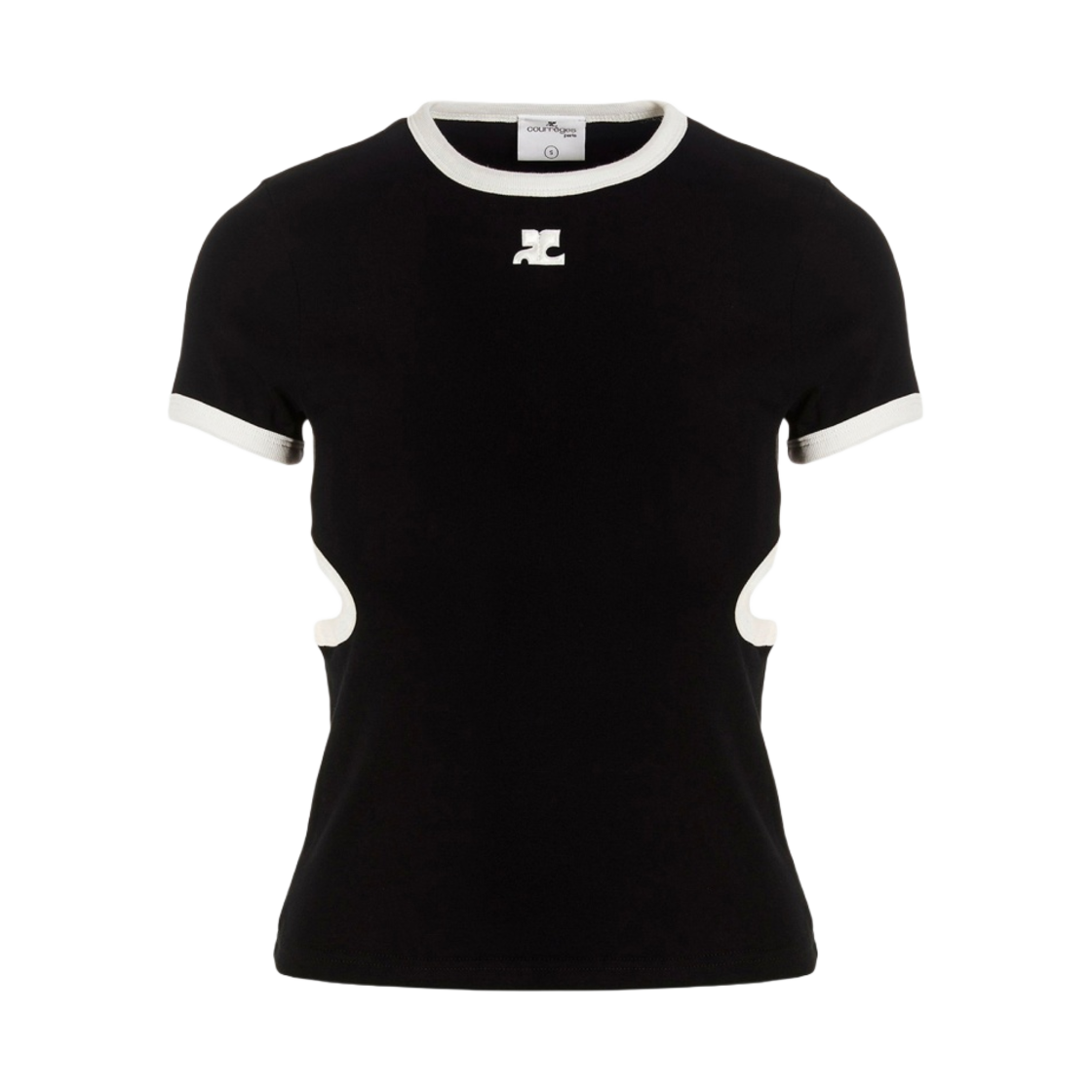 422JTS038JS00019901 (W) Courrges Bumpy Cut Out Cotton T-Shirt Black Heritage White