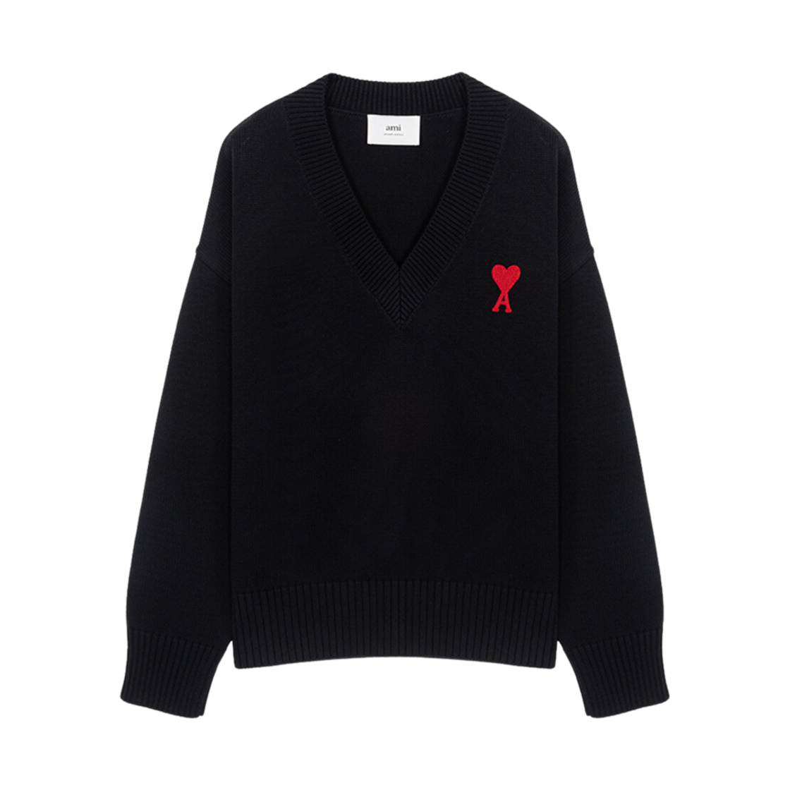 아미 톤온톤 하트 로고 브이넥 스웨터 블랙(AMI de Coeur Tone-On-Tone V-Neck Sweater Black) - 1