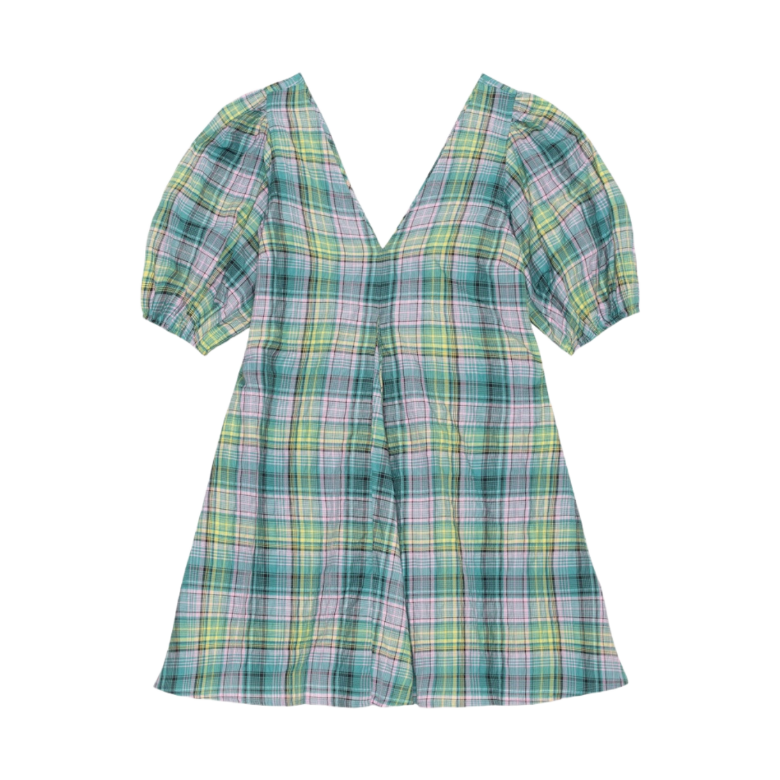 (W) 가니 시어서커 체크 브이넥 미니 드레스 라군((W) Ganni Seersucker Check V-Neck Mini Dress Lagoon) - 1