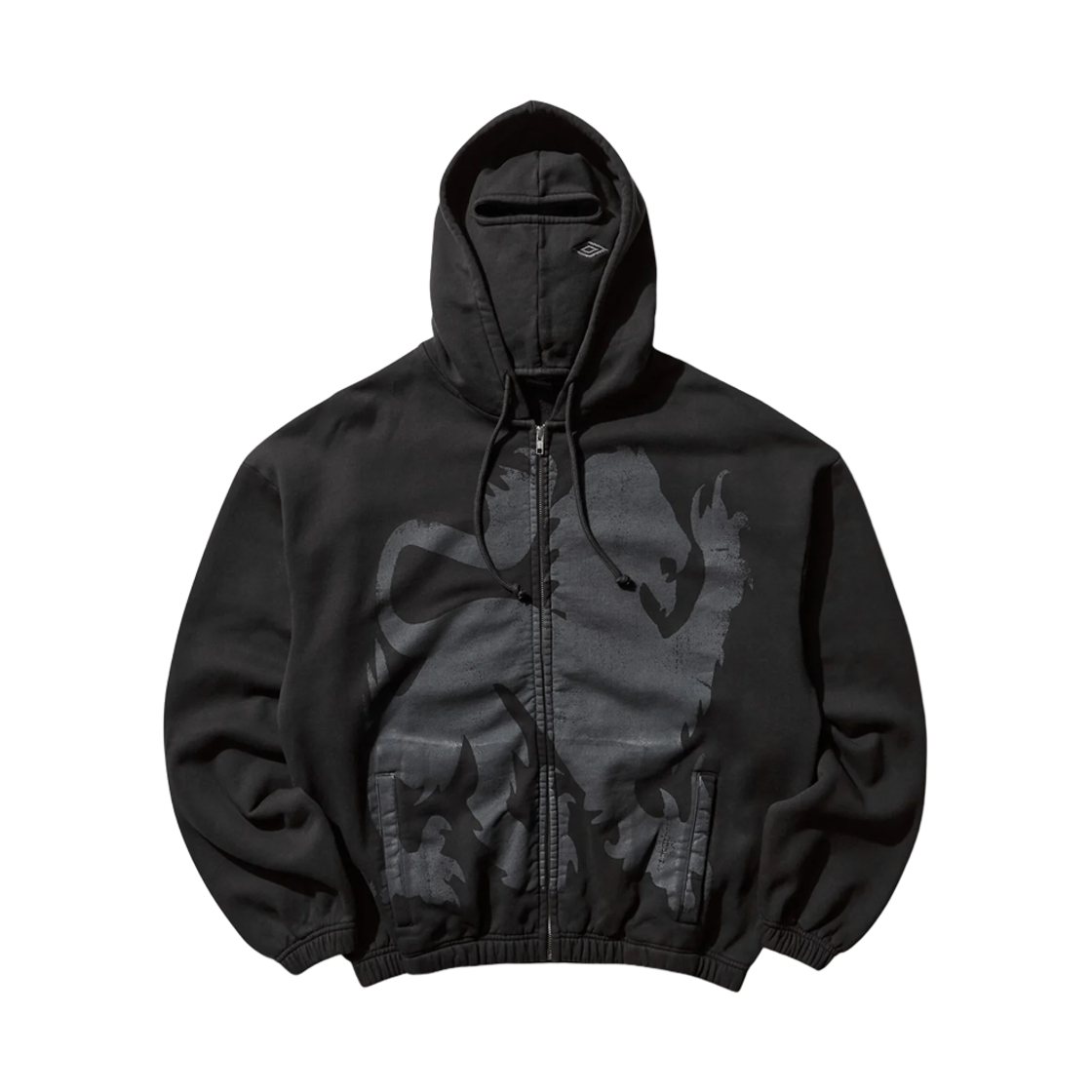 UBMW0281FA179-BLK0020 Umbro x Slam Jam Heraldic Zip Up Masked Hoodie Washed Black