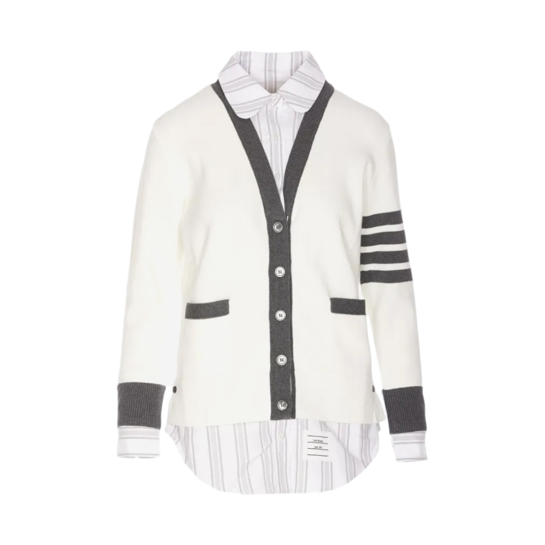 FKC534A-Y3007-100 (W) Thom Browne Cotton Milano and Oxford 4-Bar V-Neck Cardigan Shirt Combo White