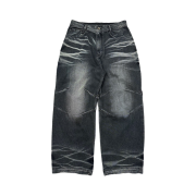 BLR Embossed Wave Washing Wide Denim Pants Blue