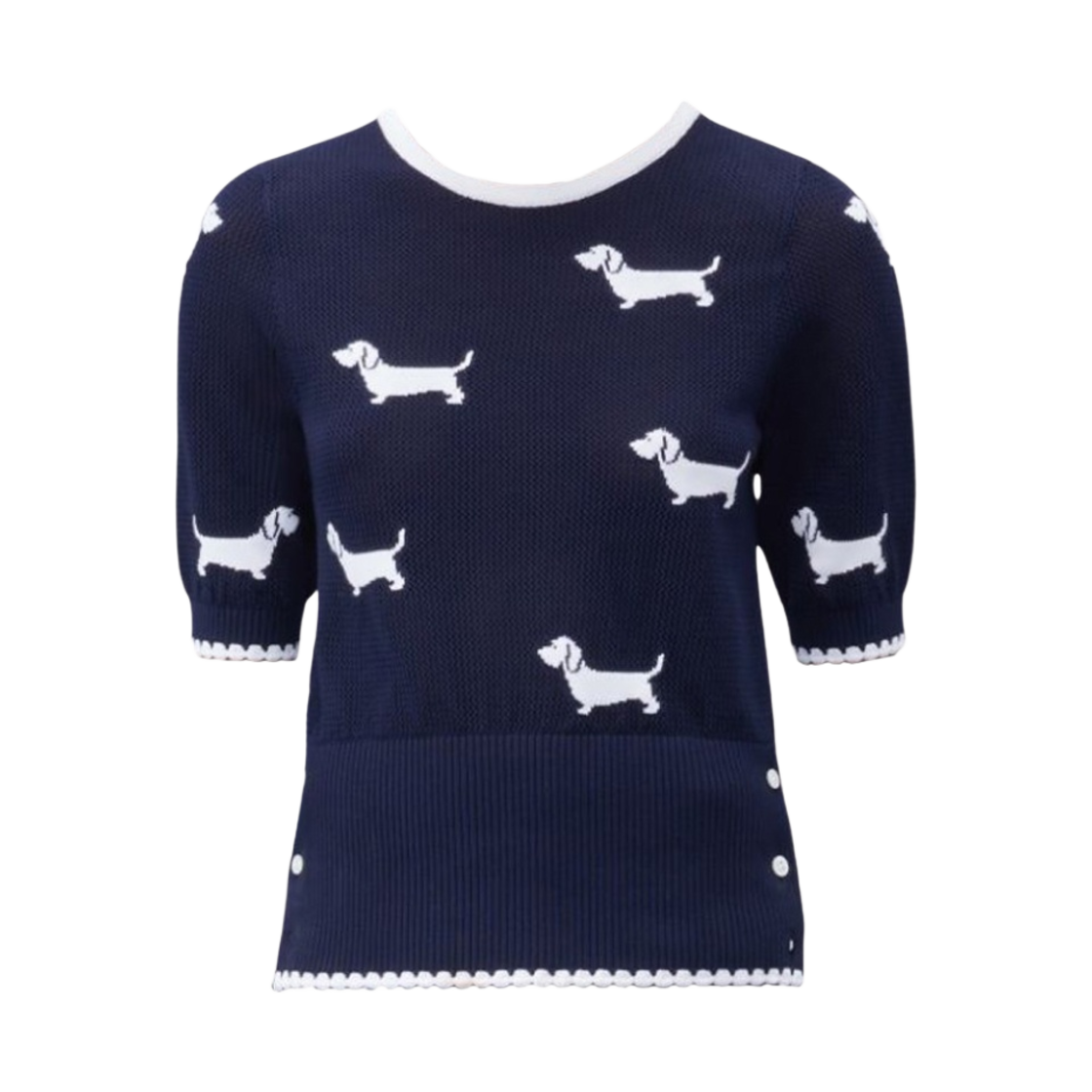 FKA444A-Y3006-415 (W) Thom Browne Cotton Pointelle Crewneck Hector T-Shirt Navy